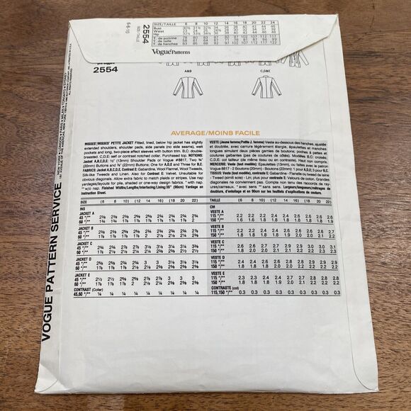 Vintage Vogue Sewing Pattern 2554 Basic Design Jacket Size 6-10 Misses & Petite - Picture 6 of 10